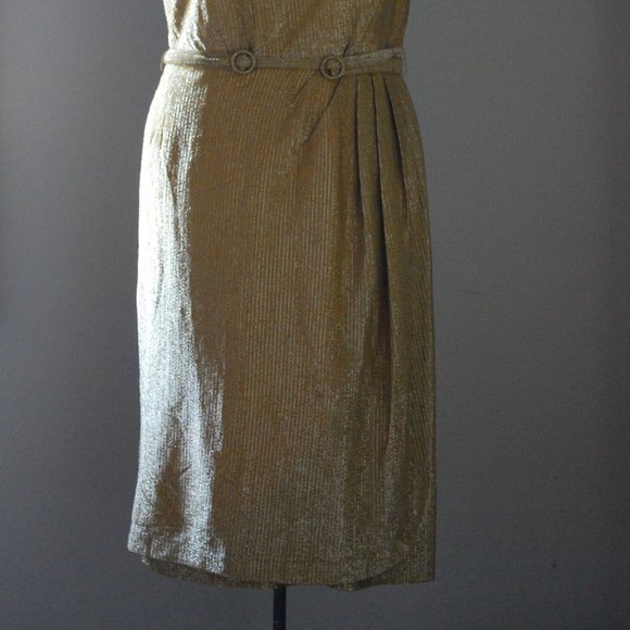 Shimmery gold cocktail dress w/double belt buckle - Picture 3 of 11